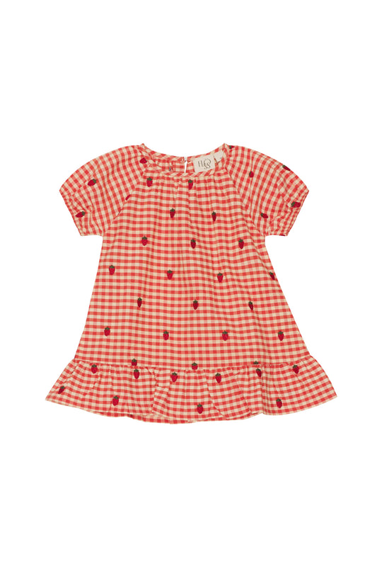 Flöss-2025春夏系列-Molly紅色格紋草莓有機棉洋裝