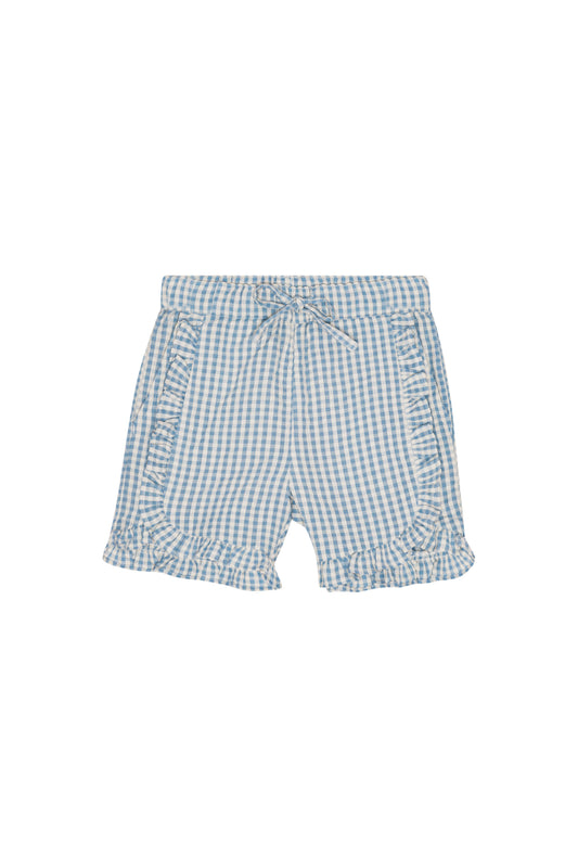 Flöss-2025春夏系列-River藍色格紋荷葉邊短褲