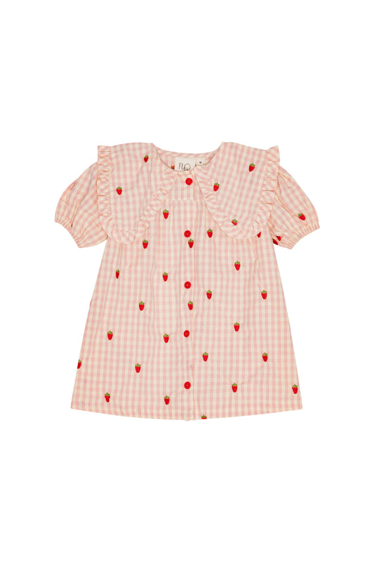 Flöss-2025春夏系列-Dolly粉紅格紋草莓有機棉洋裝