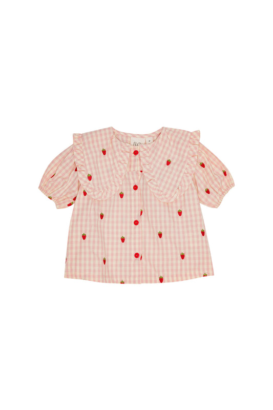 Flöss-2025春夏系列-Dolly粉紅格紋草莓有機棉襯衫