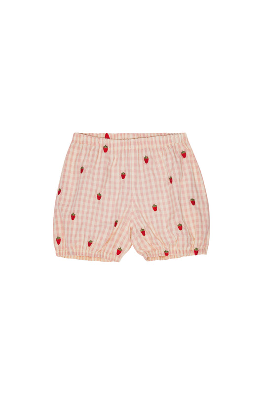 Flöss-2025春夏系列-Dolly粉紅格紋草莓有機棉包屁褲