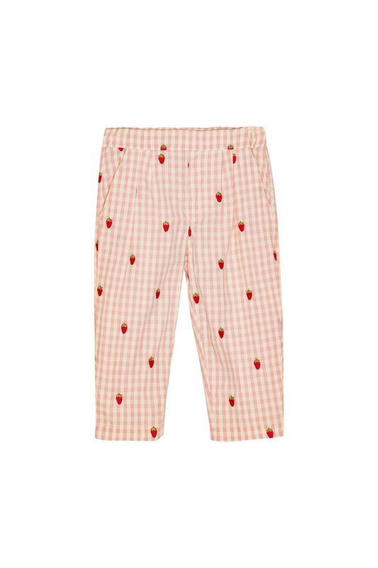 Flöss-2025春夏系列-Dolly粉紅格紋草莓有機棉長褲