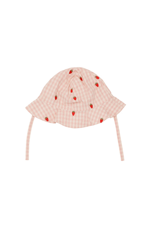 Flöss-2025春夏系列-Dolly粉紅格紋草莓有機棉帽子