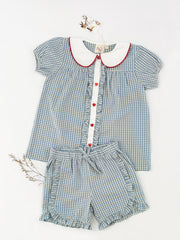 Flöss-2025春夏系列-River藍色格紋荷葉邊短褲